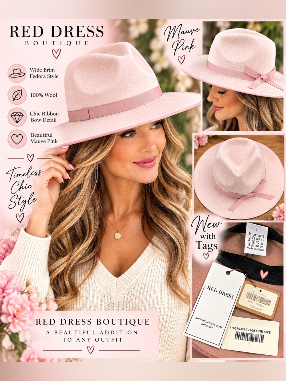 Blush Rancher Style Wool Fedora women’s hat with bow